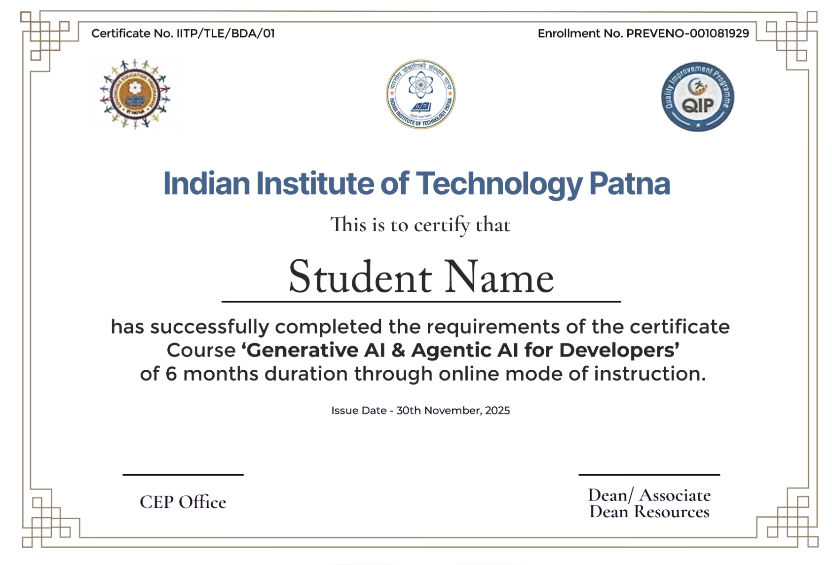 Official IIT Patna certificate - Generative AI & Agentic AI for Developers