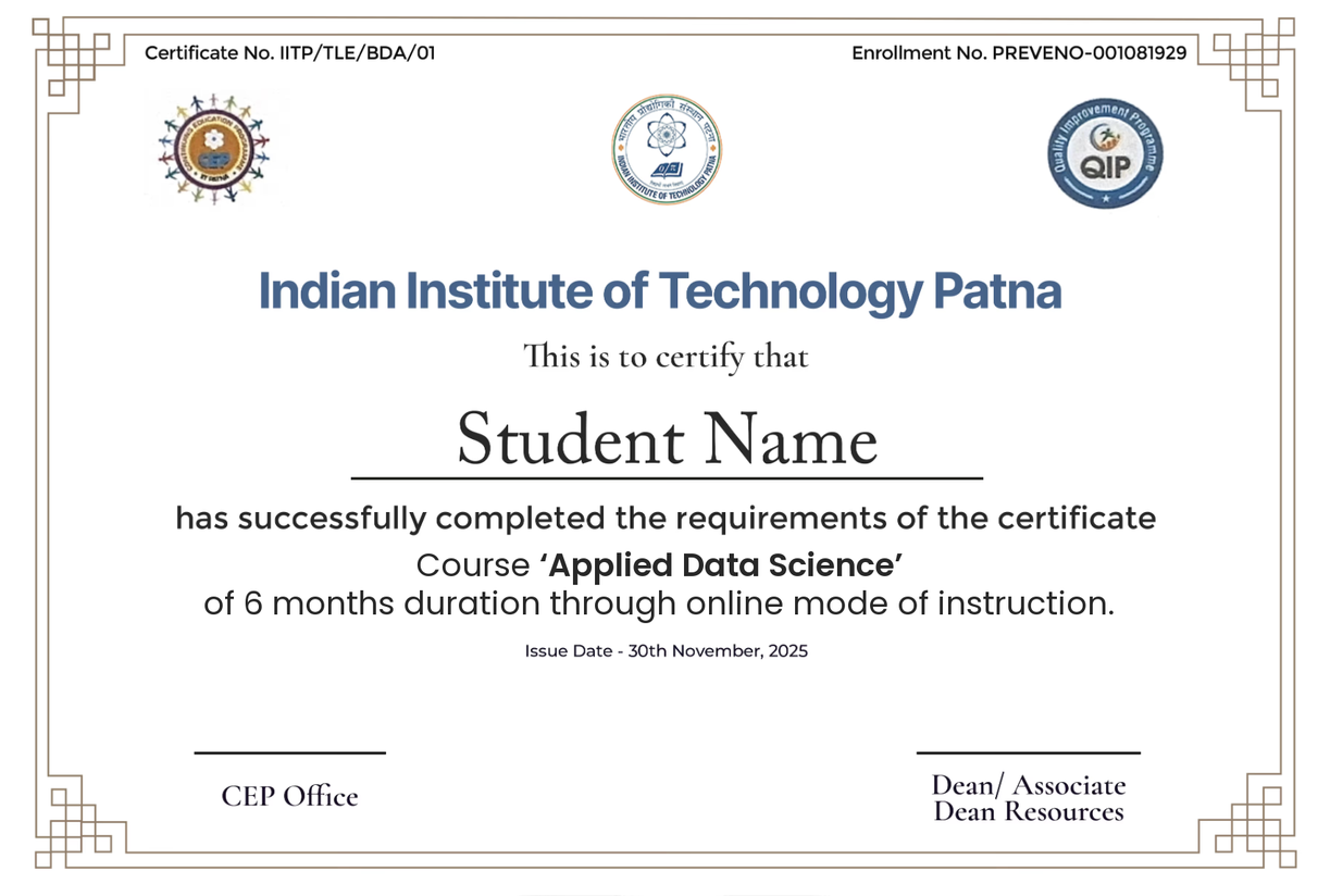 IIT Patna certificate - Applied Data Science