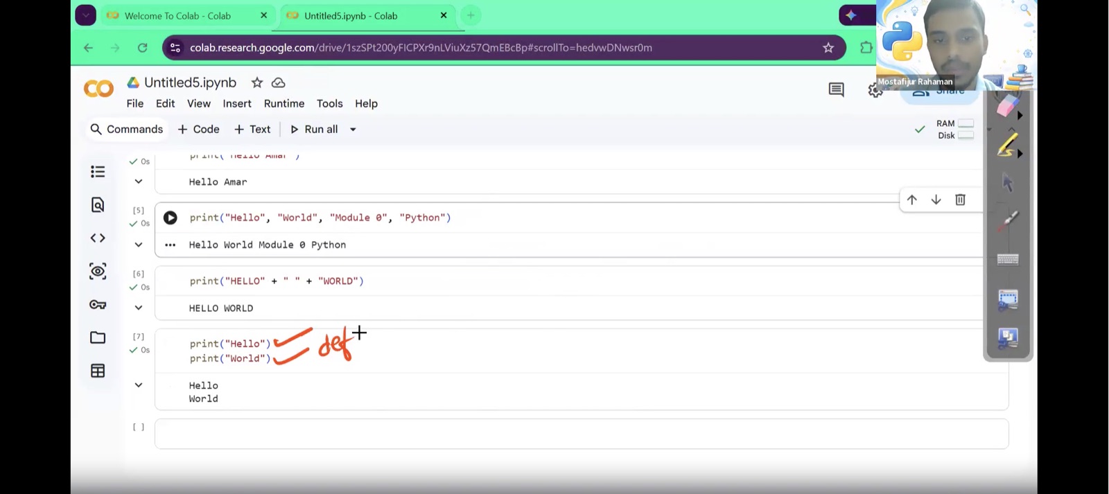 Code walkthrough - mentor annotating Python in a Colab notebook live